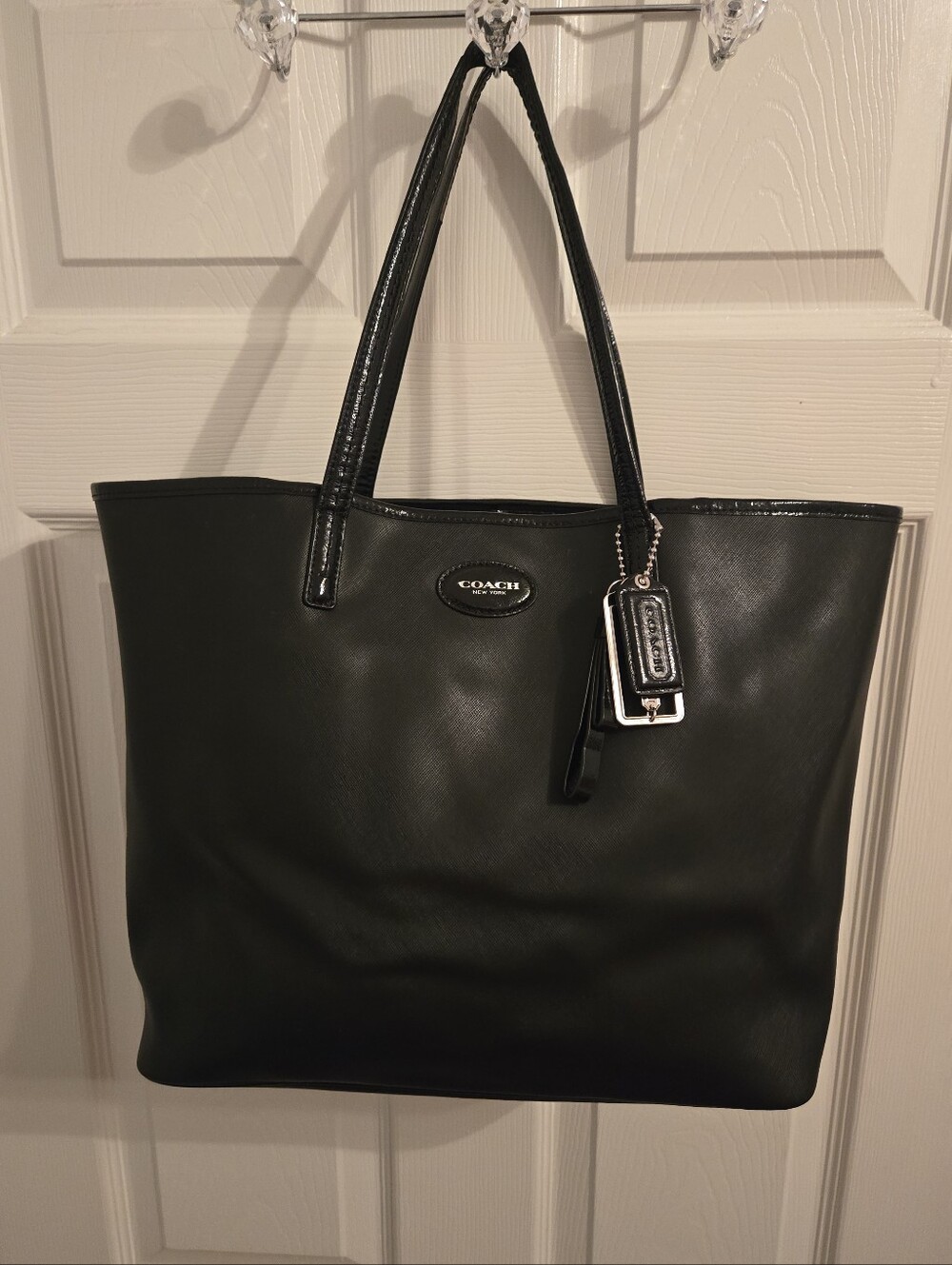 Coach Black Large Saffiano Textured Patent Leather Trim Silver Hardware F31326